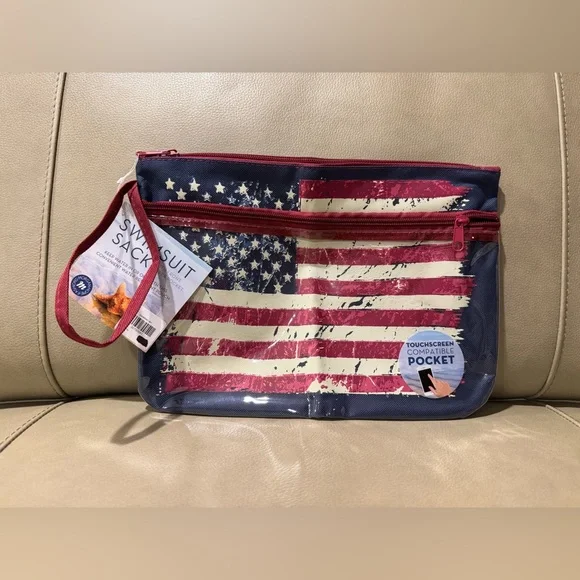 Swimsuit Sack with Front Zipper Pocket Touchscreen Compatible Top Zipper FLAG - Picture 11 of 11